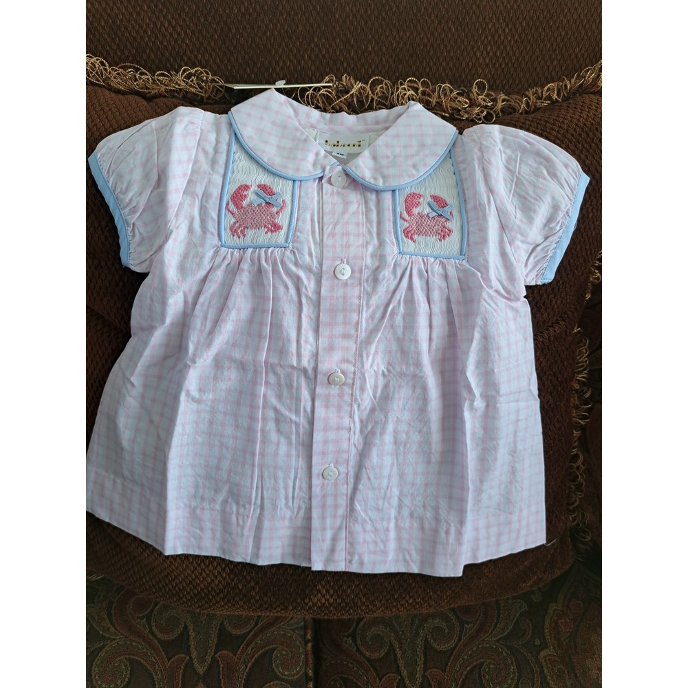 Babeeni Baby Girl Smocked Crab Gingham Top Pink White Blue 6M New With Tags